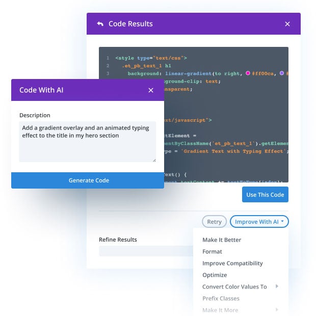 Divi AI’s code generation feature