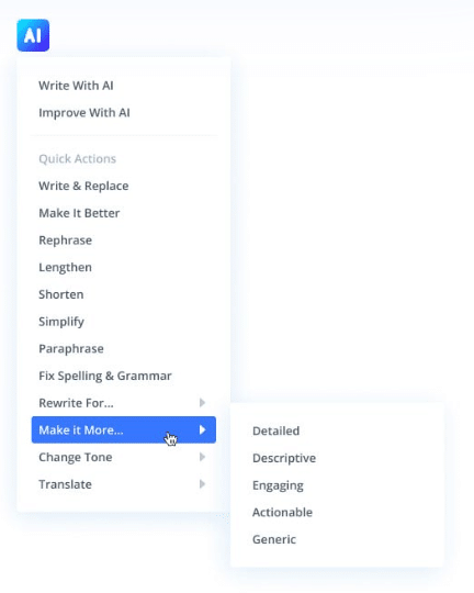 Divi AI’s Quick Actions relating to text