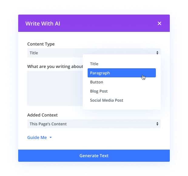 Divi AI’s text generation feature