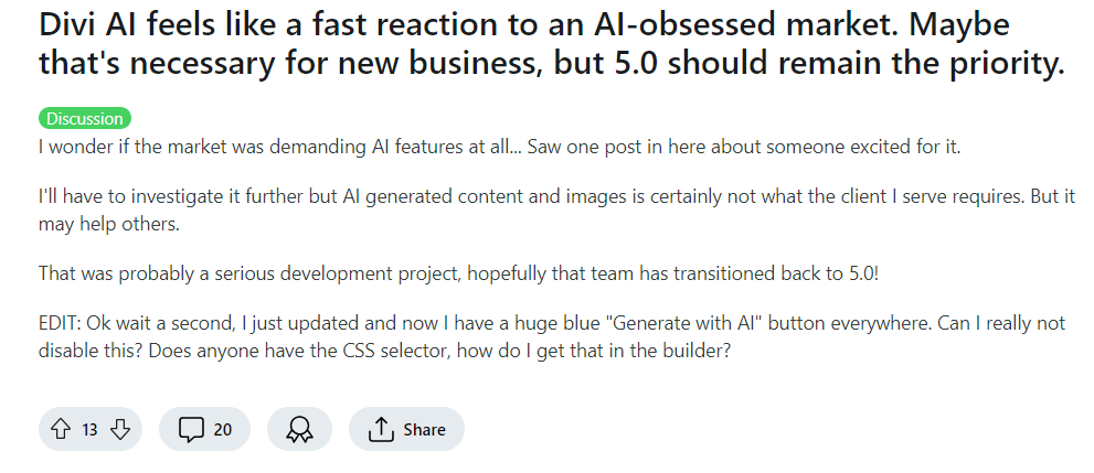 A Reddit user’s comments on Divi’s ‘Generate with AI’ button