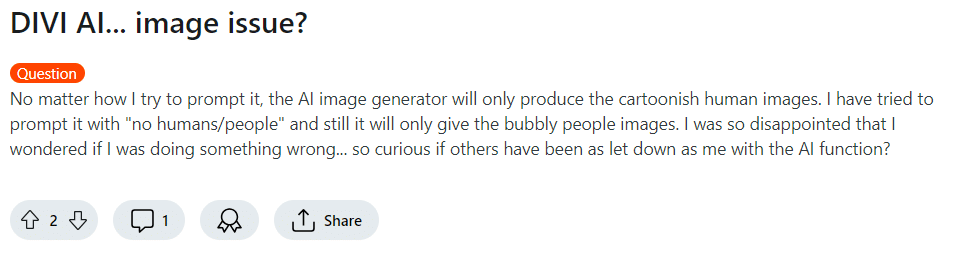 A Reddit user’s comments on a Divi AI image issue