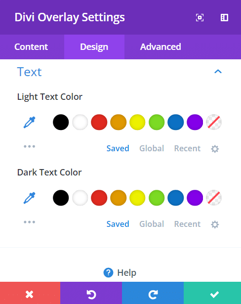 Divi Overlays settings for design