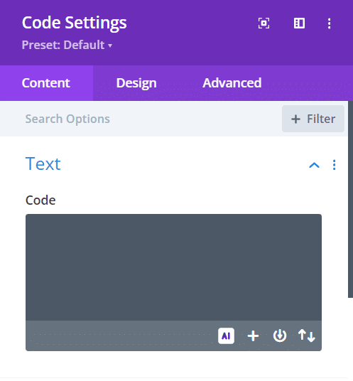 Opening code settings in Divi