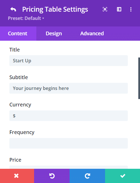 Configuring a pricing table