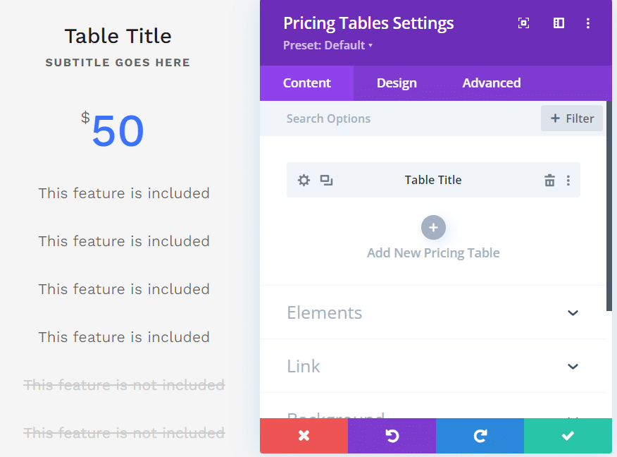 Divi Pricing Table module