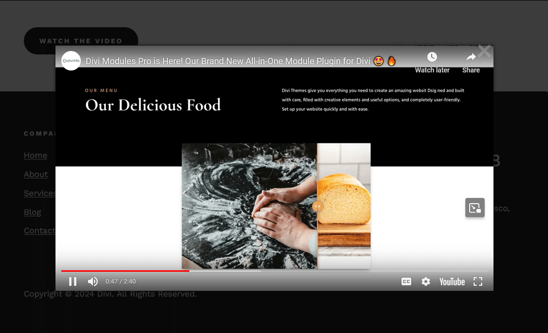 A video popup in Divi