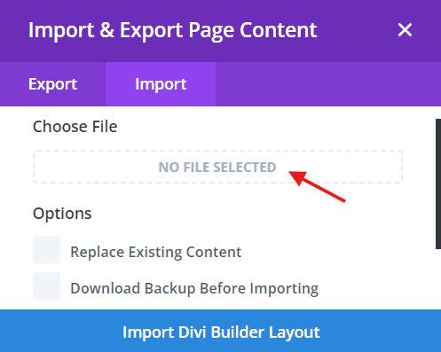 Importing layout file to the Divi Builder