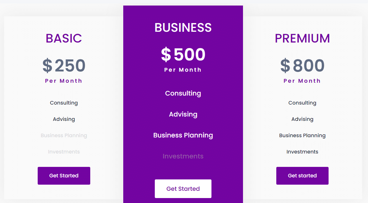 Sample Divi Bricks pricing table layout template