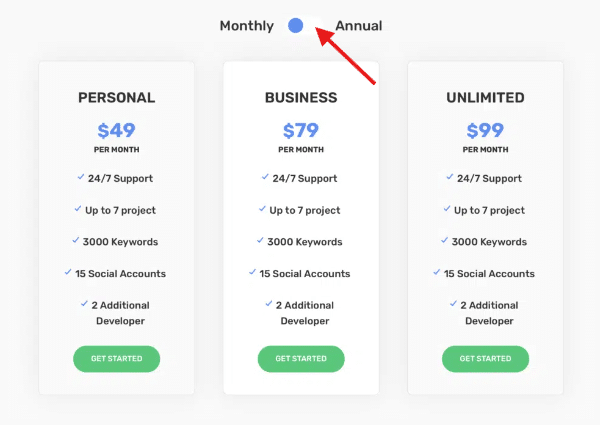 Pricing table with toggle example