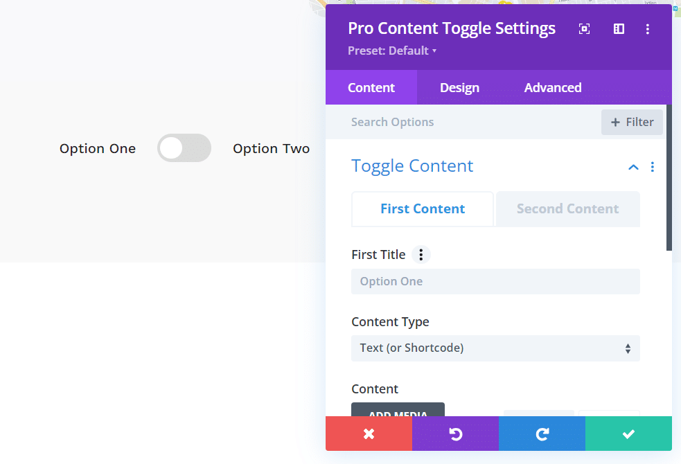 Pro Content Toggle settings