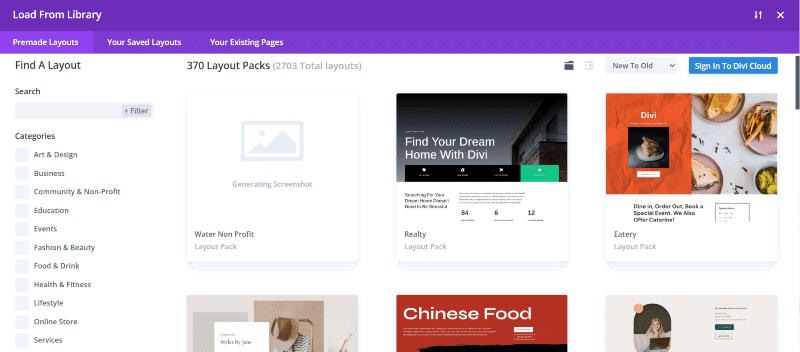 Layout packs in the Divi Library