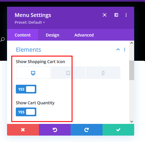 Turning on cart options for a Divi menu.