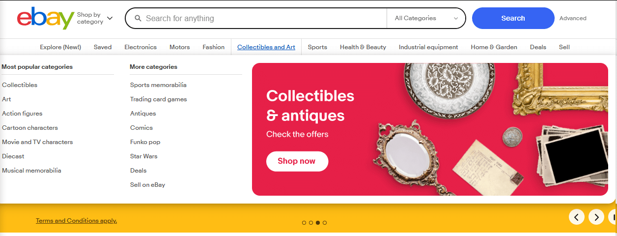 A mega menu on the eBay homepage.