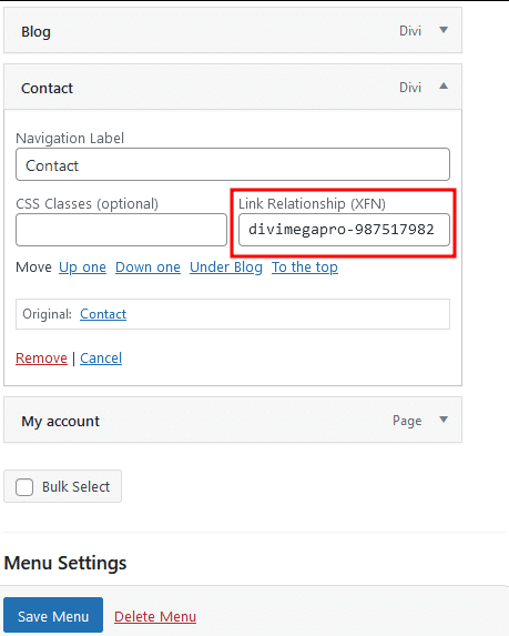 Connecting a Divi Mega Pro item to a menu item.