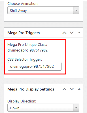 Where to get the CSS class name in Divi Mega Pro.