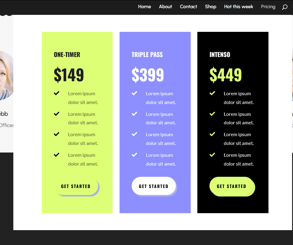 A pricing table displayed using Divi Mega Pro.