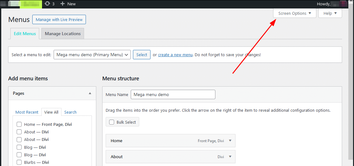 The Screen Options dropdown menu in WordPress