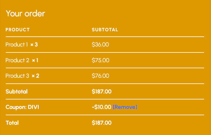 Example of a native Divi cart