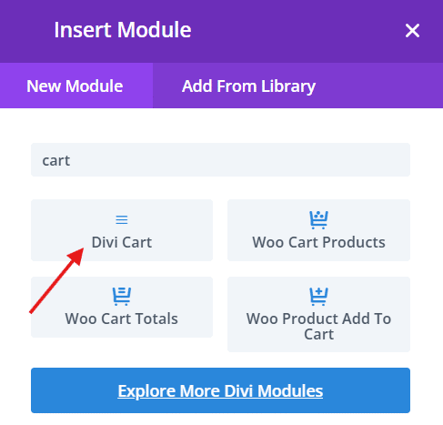 Selecting Divi Cart Module