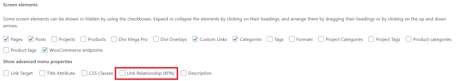 WordPress Screen Options